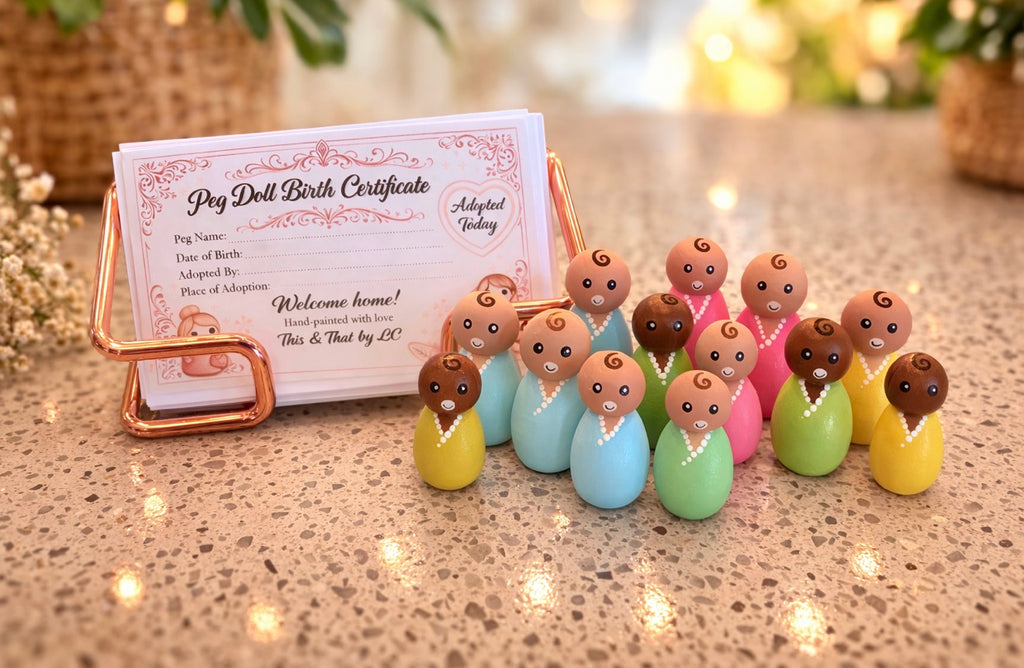 Hand painted Adopt-A-Peg Doll with Birth Certificate