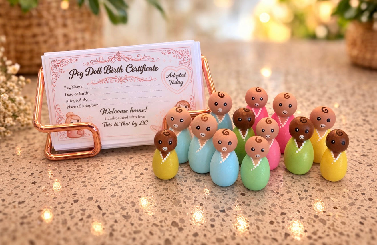 Hand painted Adopt-A-Peg Doll with Birth Certificate