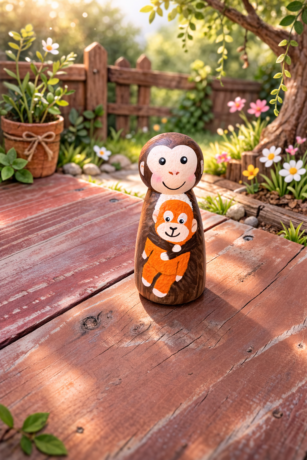 Punch the Monkey & His Little Orangutan – Hand-Painted Wooden Peg Doll (3.5”)