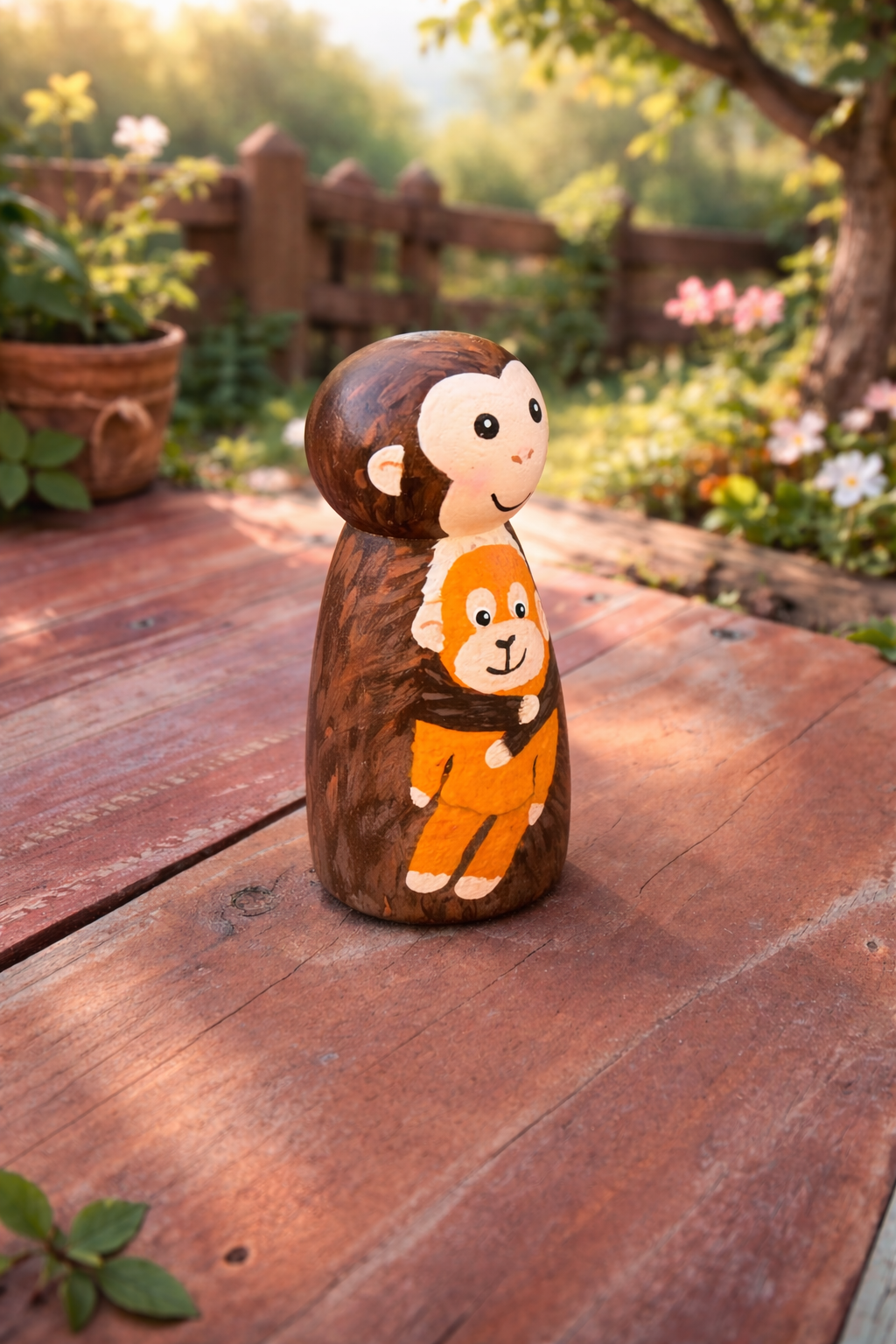 Punch the Monkey & His Little Orangutan – Hand-Painted Wooden Peg Doll (3.5”)