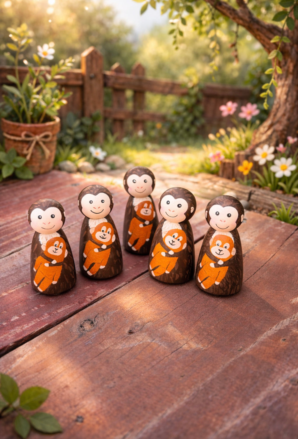 Punch the Monkey & His Little Orangutan – Hand-Painted Wooden Peg Doll (3.5”)