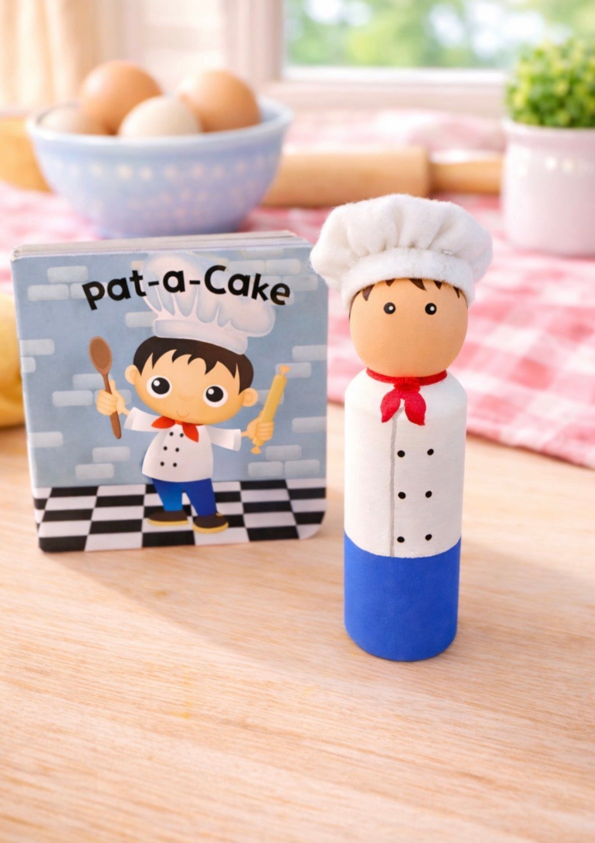 Pat-a-Cake wooden peg doll with Board book