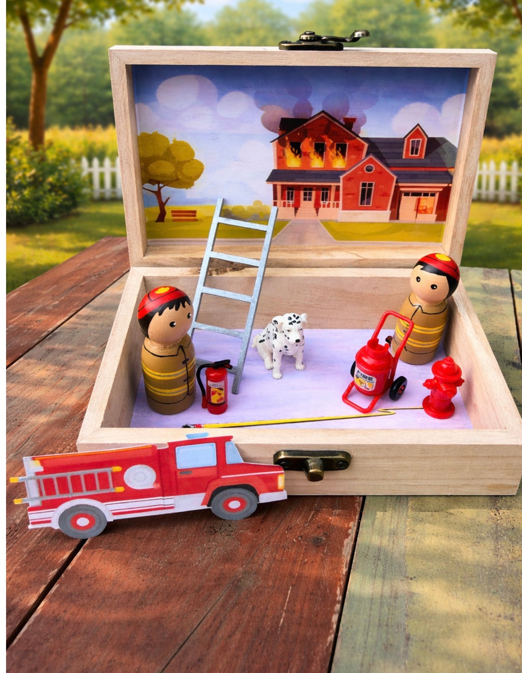 Fire fighters rescue wooden play scene box