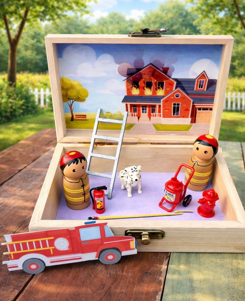 Fire fighters rescue wooden play scene box