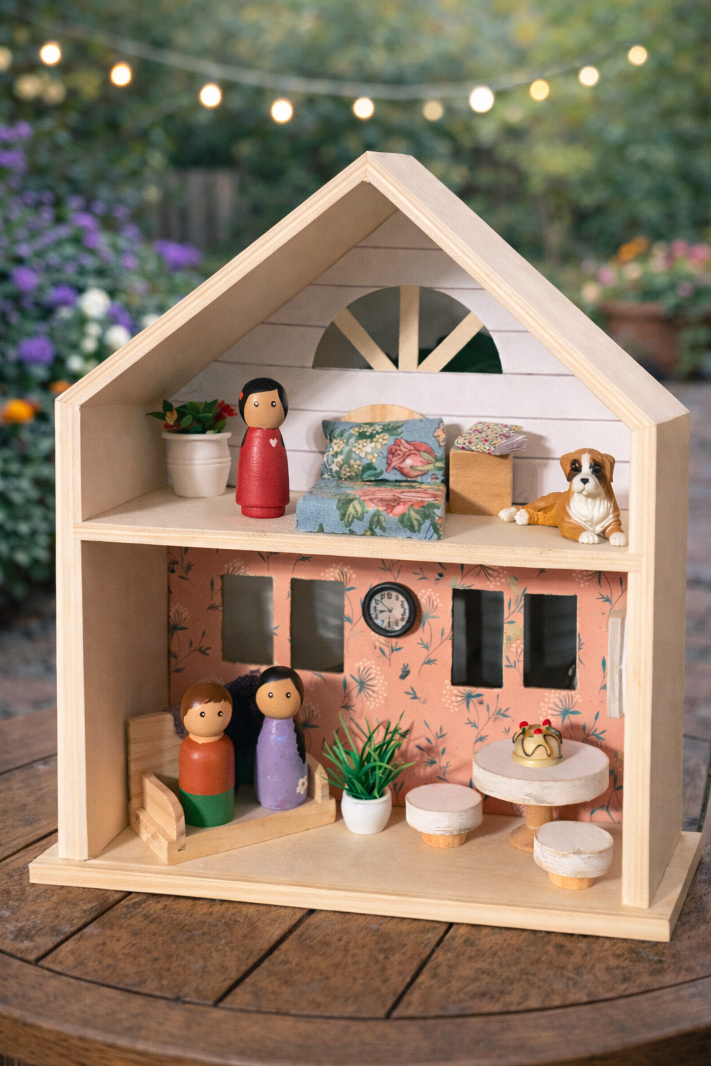 Cozy cottage dollhouse with pegs